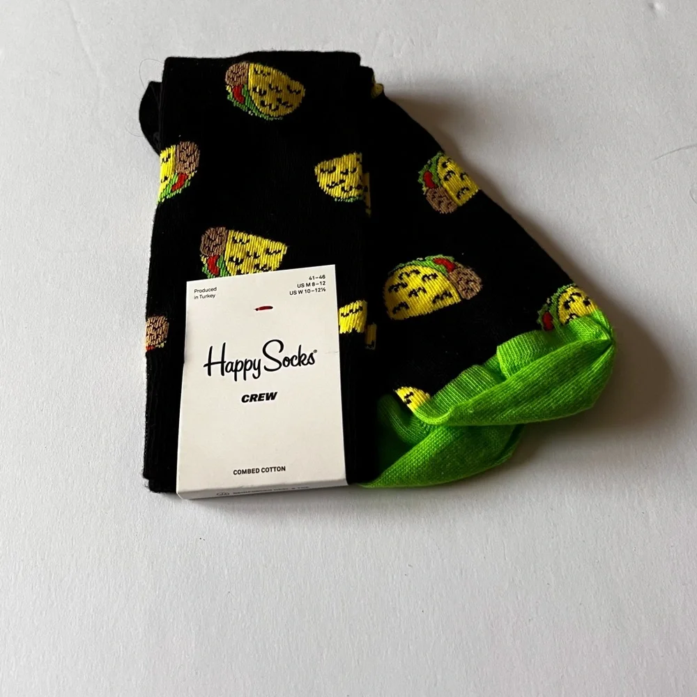 HAPPY SOCKS MENS COMBED COTTON CREW SOCKS TACO TO GO TACO PRINT BLACK OS NWT